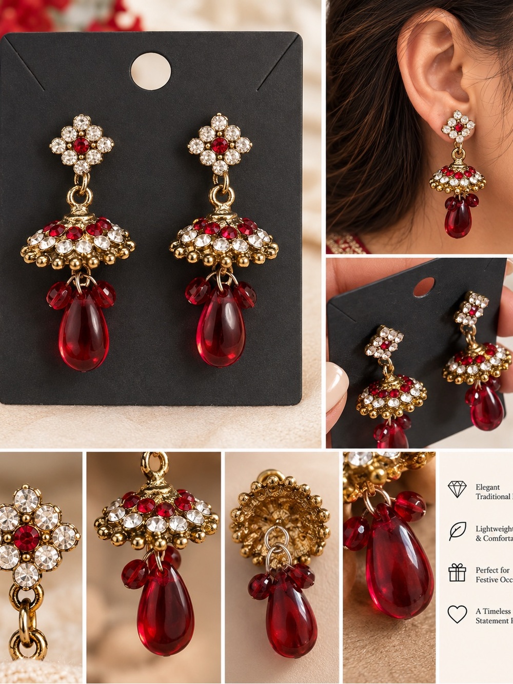 Indian Red Crystal Jhumka Earrings | Gold Tone Festive Dangles